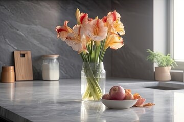 Vase with gladiolus flowers on grey marmor table in kitchen room. generative ai