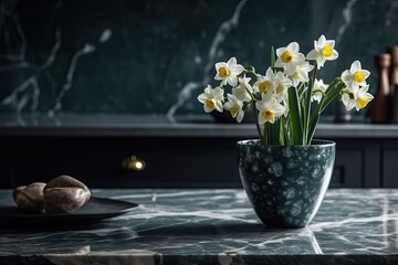 Vase with gladiolus flowers on grey marmor table in kitchen room. generative ai