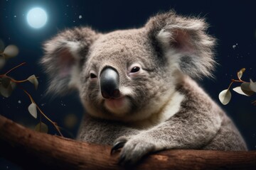 Sleepy little koala nestled in a eucalyptus tree, with a starry night sky and a bright full moon in the background. Generative AI