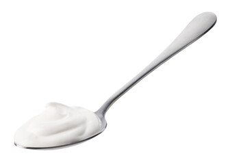 Spoon of fresh greek yogurt on white background