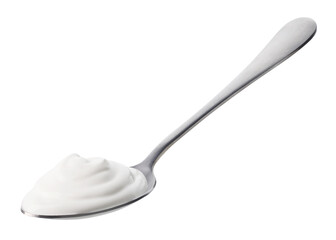 Spoon of fresh greek yogurt on white background