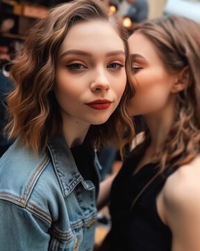 Attractive Women Kissing Hugging Big Cups Two Each Other Crowded Room Well Groomed Model Portrait Axe Joy Sisters Blurring Backstage Brown Medium Length Hair Cropped Uncropped, Generative Ai