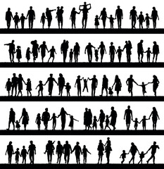 Family with children walking and playing together on grass field white background vector silhouette set.