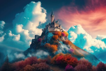 Castle perched atop a mountain peak, surrounded by swirling clouds and the promise of adventure. Generative AI