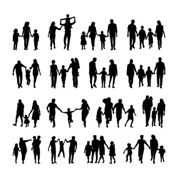 Family and kids walking and playing together having fun outdoors various poses on white background silhouette set.