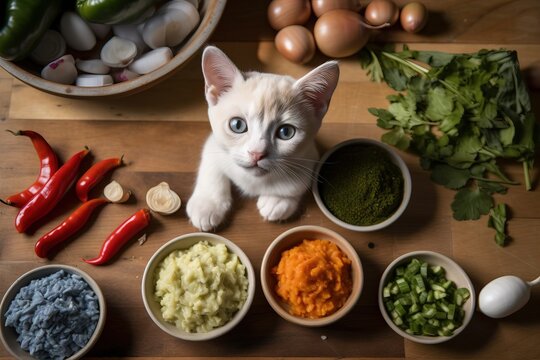 image of a white kitten from above over a table full os food and spices