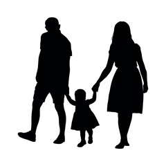 Family parents and toddler walking outside silhouette.