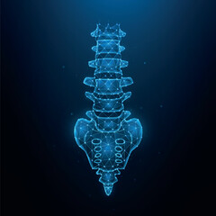 Polygonal human spine vector illustration isolated on dark blue background. Anatomical medical banner template and background.