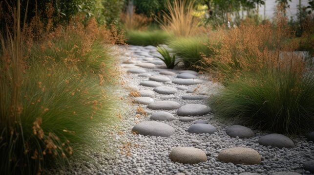 A pathway of pebbles surrounded by a bed of low-growing grasses. AI generated