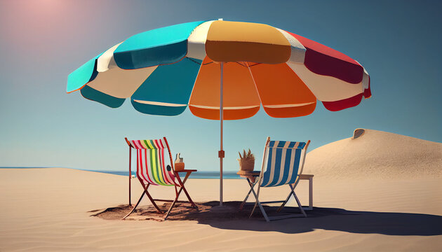 Beach umbrella with chairs on the sand. Summer vacation background Ai generated image