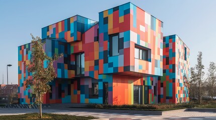 A playful design featuring a unique geometric facade in bold pops of color. AI generated