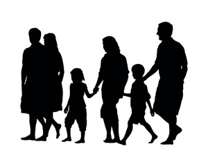 Big family walking together barefoot outdoor vector silhouette.
