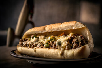 Delicious cheesesteak sandwich on a toasted roll with melted cheese and grilled onions.