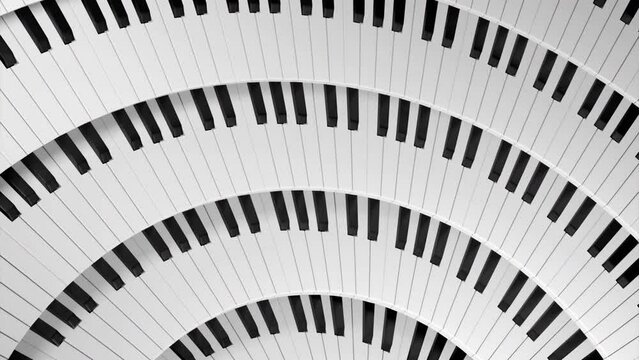 Concept of music, endless rotating wheel with piano keys. Design. Spinning bending rows of piano keys. Generative AI