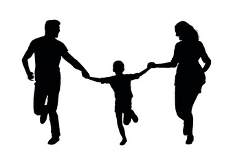 Family walking and running together outdoor vector silhouette.