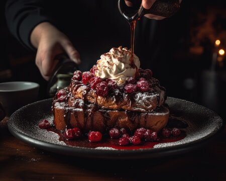 french toast cranberry jam whipped cream pouring syrup plate berries luxurious city scene food consumerism captured low light sin wrinkles bite evokes delight fat, generative ai