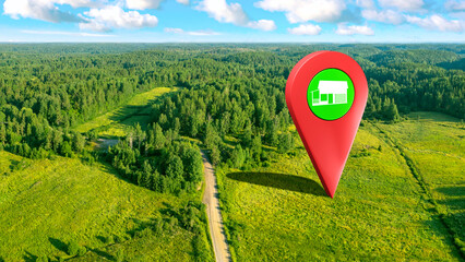 Land for building real estate. Place to build house. Geotag near forest. Nature with geotagged top view. Sale of place for real estate. Land for country house. Concept of selling land for house