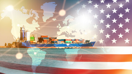 American cargo ship. Marine ship with containers. Sea export to USA. Ships for transporting goods...