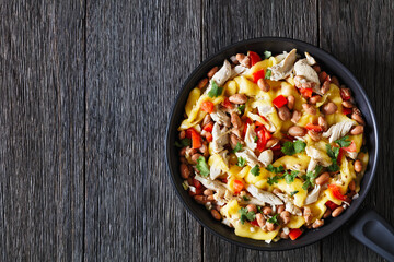 chicken, pinto beans, tomatoes, cheese, top view