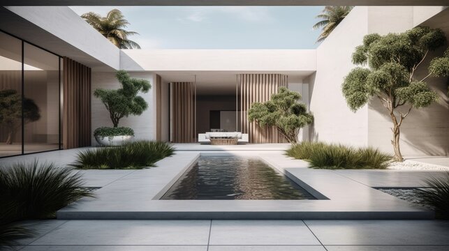 A sleek and simple exterior with a minimalist water fountain and elegant planters. AI generated
