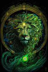 Fototapeta na wymiar painting of a lion with green eyes. celestial theme of animal and astral power. AI generative image