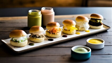 Creative sliders with unique toppings and sauces on brioche buns with vegan meat substitute.