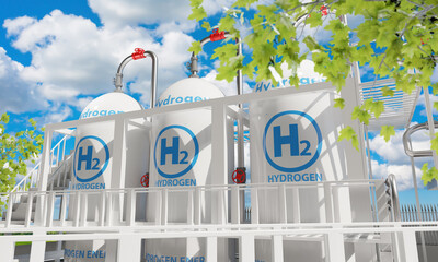 Hydrogen energy. Gas tanks h2. Hydrogen processing factory. Eco energy. Tanks with green fuel. Regenerative energy. Hydrogen for manufacture of fuel. Reservoirs and mezzanine under blue sky. 3d image - obrazy, fototapety, plakaty