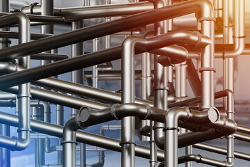 Background from pipes. Tangled pipeline. Steel pipes for boiler house. Intertwined engineering communications. Industrial background. Manufacturing texture. Industrial decoration. 3d image