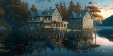 A painting of a house in the middle of a lake, generative AI
