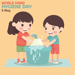 vector boys and girls wash their hands in the sink under running water with yellow background. World hand hygiene day 5th may