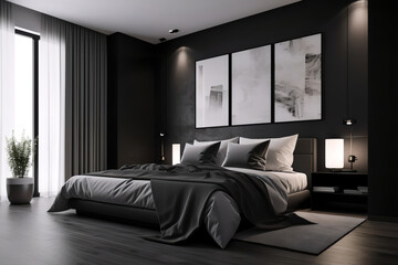interior of a bedroom black and white modern designer , king size bed. Ai Generated.