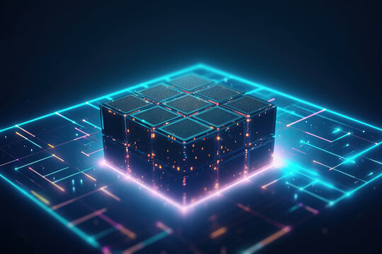 Blockchain bright hologram on dark background. Digitally generated AI image