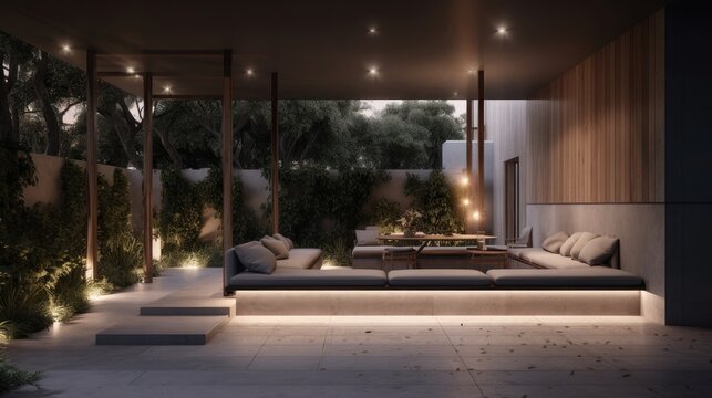 A sleek outdoor space with a polished concrete patio and elegant lighting fixtures. AI generated