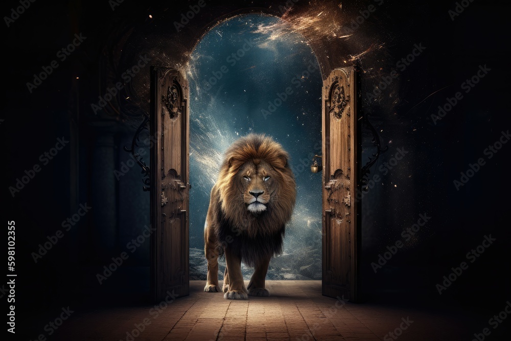 Poster Majestic lion in a king's robe steps through a portal into a magical kingdom. Generative AI