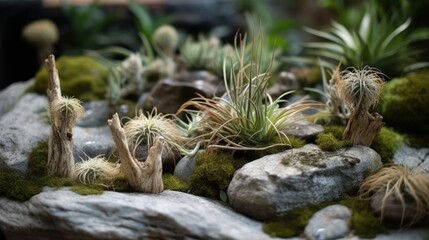 Fototapeta premium A small rock garden featuring unusual, shaped stones and small Air Plants. AI generated