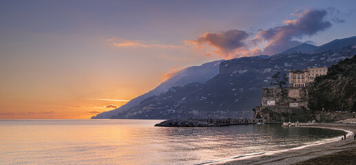 Maiori, Italy. View after sunset of the Amalfi Coast, from Maiori beach. 2022-12-28.