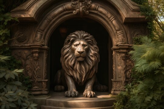 Majestic lion in a king's robe steps through a portal into a magical kingdom. Generative AI