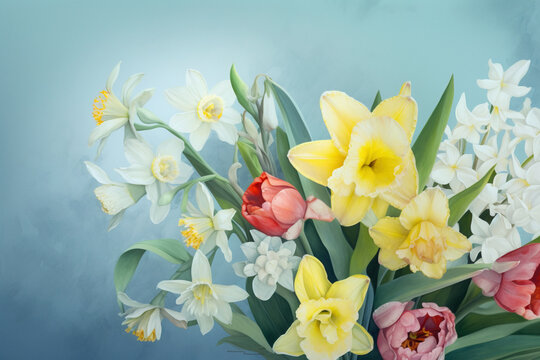 Beautiful bouquet of flowersю Рщldiay spring background. Digitally generated AI image