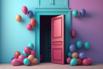 Colorful balloons around the door. Wall and door color contrast, pastel. Generative ai. High quality photo Generative AI