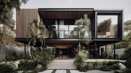 A strikingly modern exterior with pops of greenery. Modern architecture. AI generated