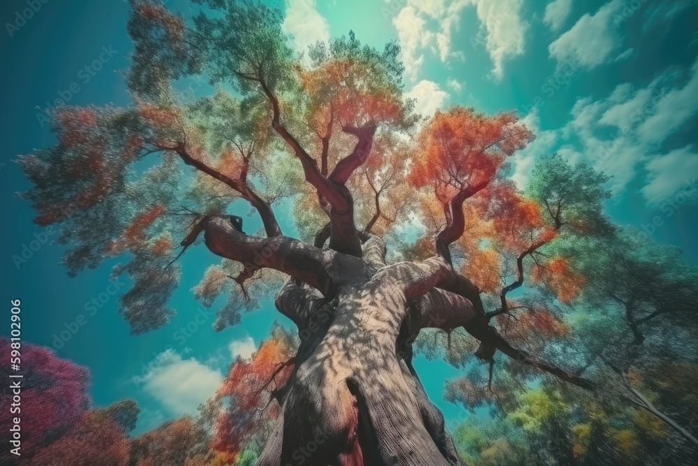 Wall mural Massive living tree towered over the surrounding landscape, its branches reaching towards the sky as if to touch the heavens. Generative AI