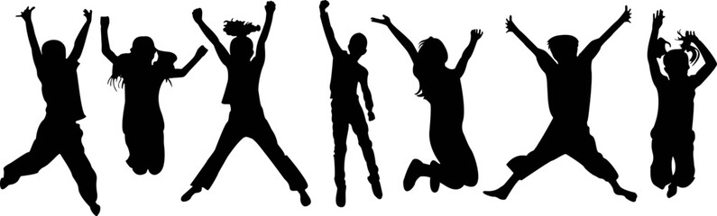 silhouettes of happy children jumping together, svg vector file