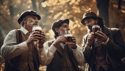 German men holding a large beer during the oktoberfest. Generative AI illustrations - obrazy, fototapety, plakaty
