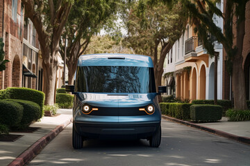 Fototapeta premium Electric Van Delivering on road. Driver of Electric cargo van delivers the parcel to the customer. Modern Delivery truck. Electric delivery van in New York City. Ai Generative illustration.