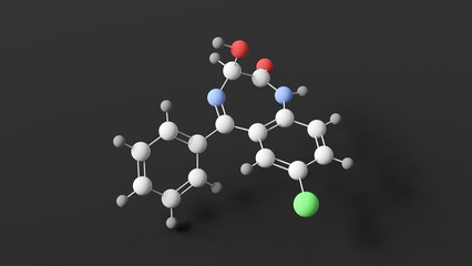 oxazepam molecule, molecular structure, alepam, ball and stick 3d model, structural chemical formula with colored atoms