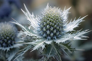 Discover Alpine Sea Holly in a Bountiful Flower Garden at a Pine & Fir-Wood Arboretum: Generative AI