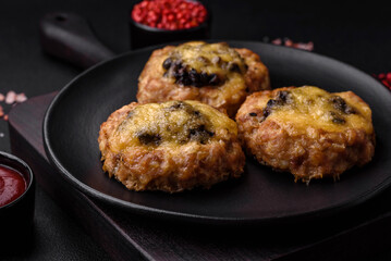 Delicious baked meat boats with mushrooms, cheese, salt and spices
