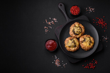 Delicious baked meat boats with mushrooms, cheese, salt and spices