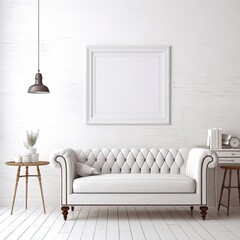 Minimalistic Scandinavian Interior Design: Vintage White Living Room with Sofa and Picture Frame Mockup on White Wall: Generative AI