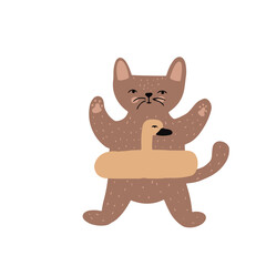 Cute hand drawn cat waiting for a bath in a duck lifebuoy. Vector illustration